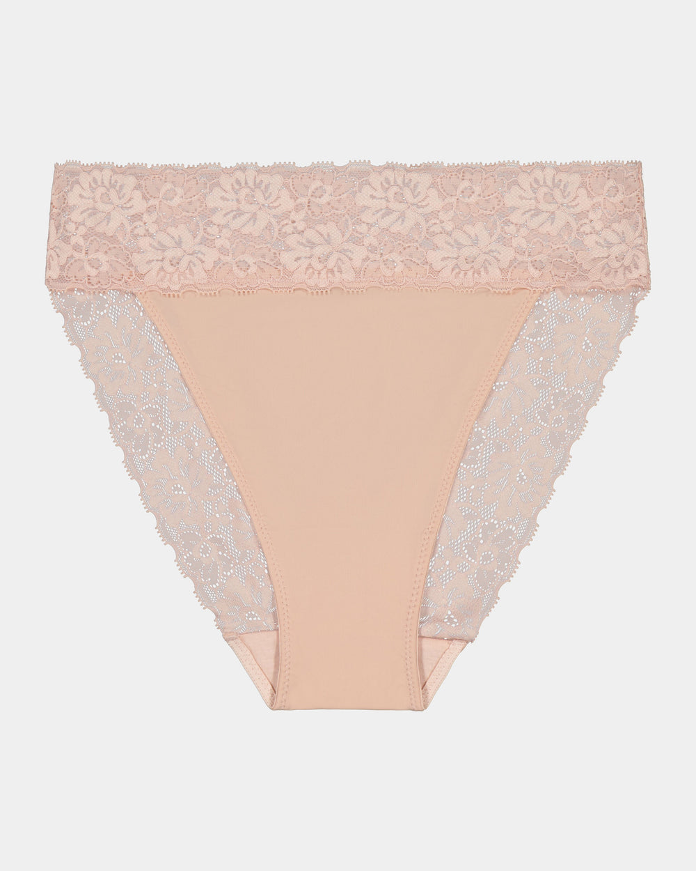 Lace Trim High Cut Brief in LATTE. Flat lay front view