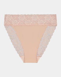 Lace Trim High Cut Brief in LATTE. Flat lay front view