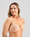 Model wears Lace Sculpt Underwire Bra in LATTE. On body side view