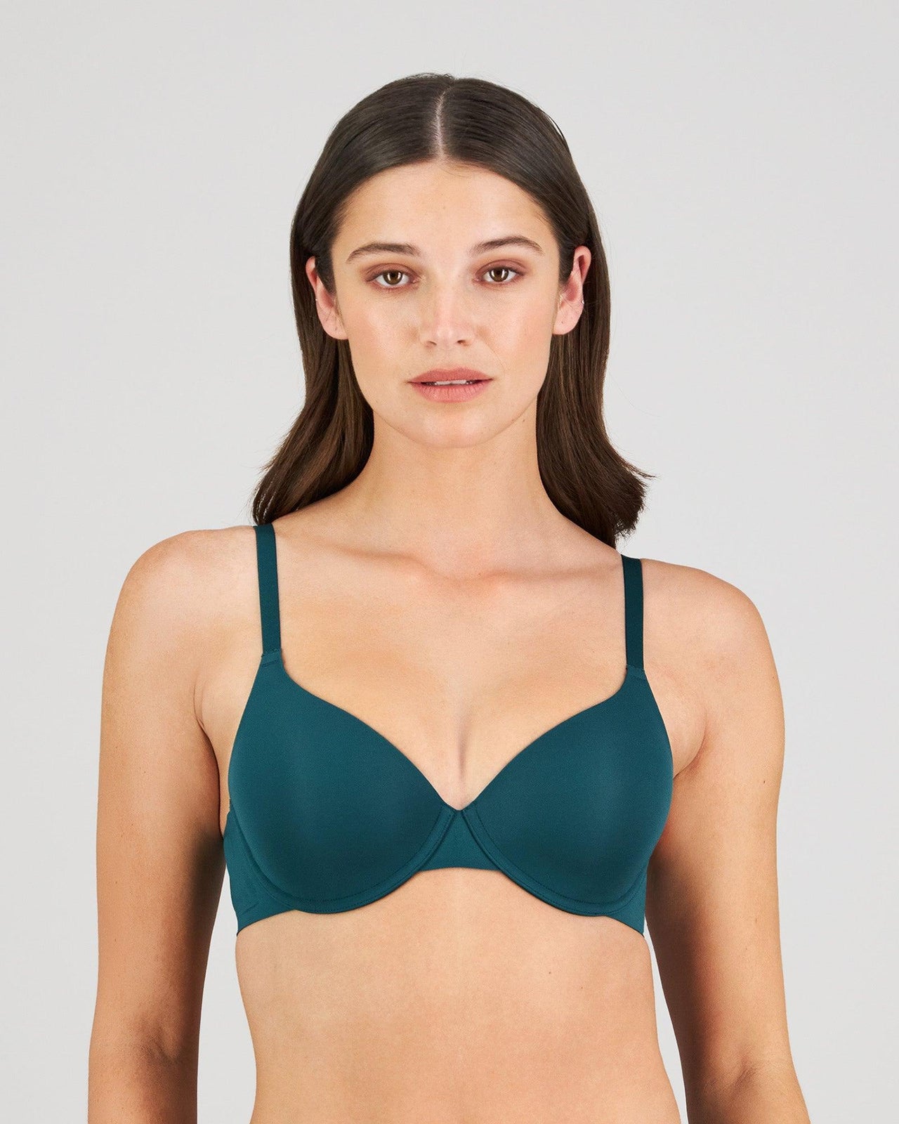 Model wears Comfit Collection Contour Bra in RAIN FOREST. On body front view
