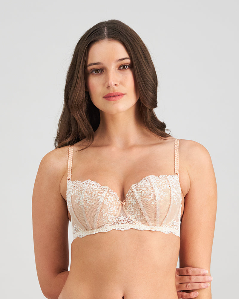 Model wears Sofia Contour Bra in CAMEO. On body front view