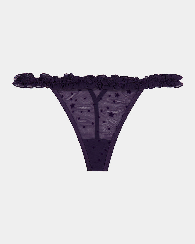 Wrapped In Stardust Thong in PURPLE VELVET. Flat lay front view