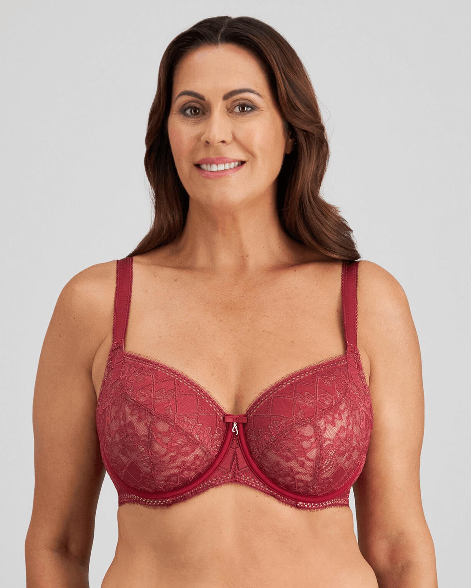 Model wears Daring Underwire Bra in TIBETAN RED. On body front view