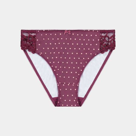 Rose Dot High Cut Brief in GRAPE WINE/ROSE CLOUD. Flat lay front view