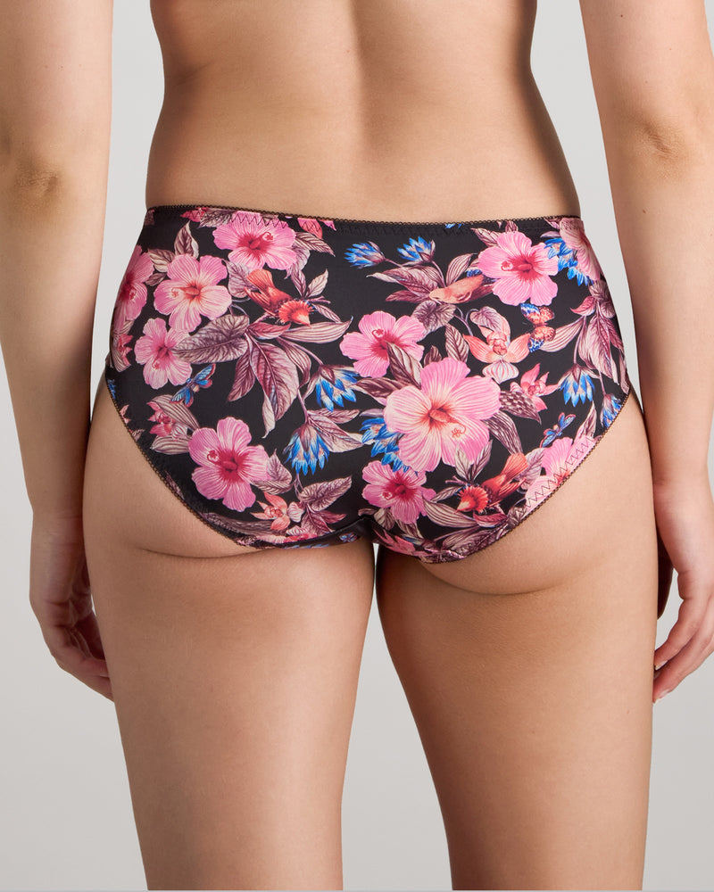 Model wears Wild Violet Full Brief in TANGLED GARDEN PRINT. On body back view
