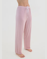 Model wears Bamboo Bliss Long PJ Pant in PALE MAUVE. On body side view