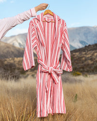 Riviera Robe in PALE LILAC/SALSA RED. Flat lay back view