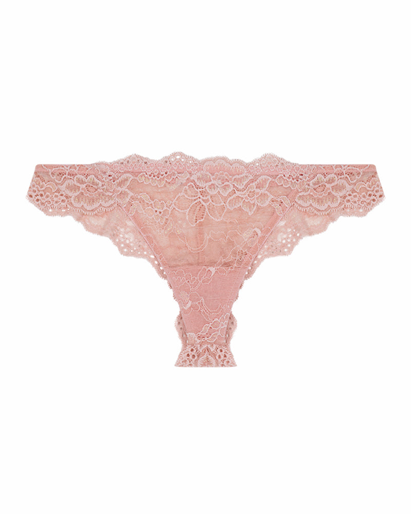My Fit Lace Thong in EVENING SAND. Flat lay front view