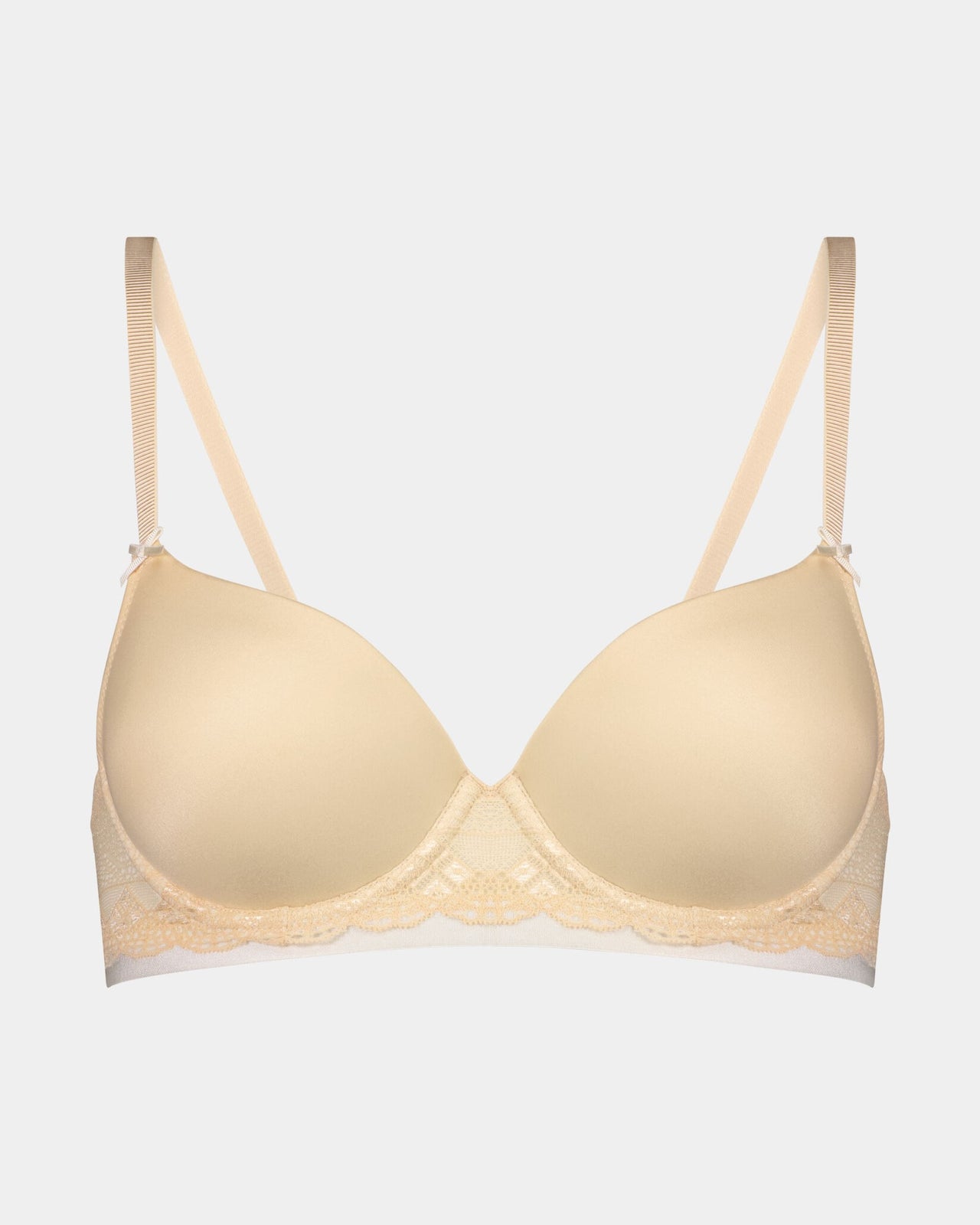 Geometric Lace Contour Bra in TOASTED ALMOND/PRISTINE. Flat lay front view