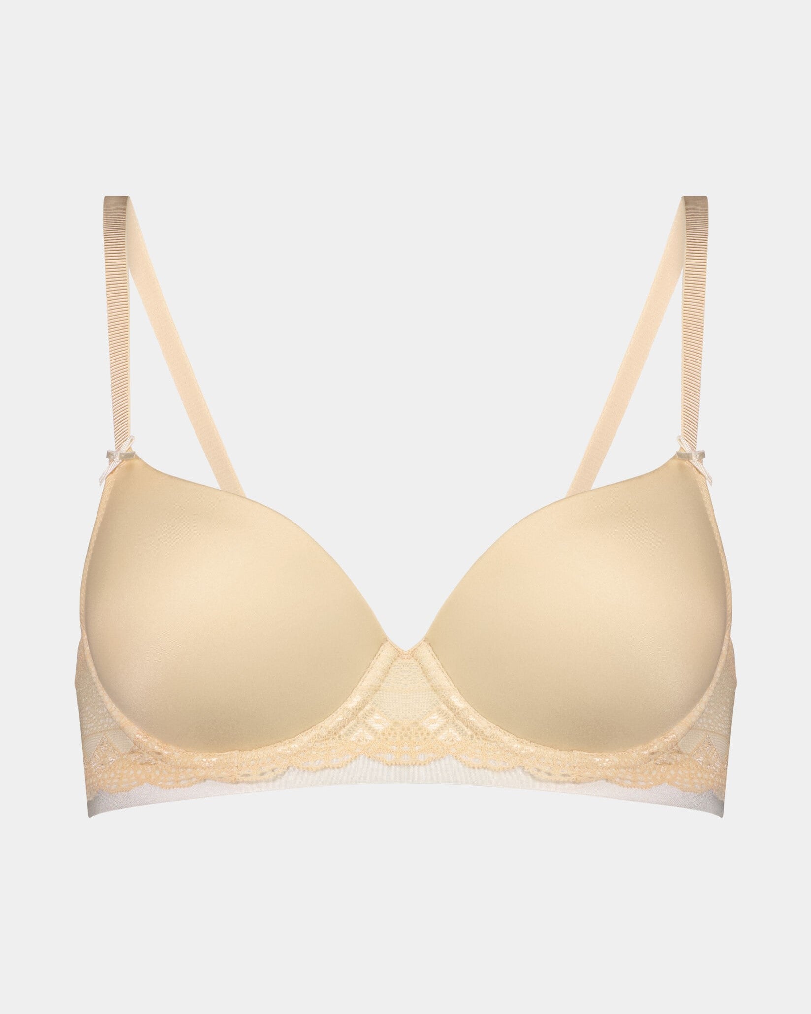 Geometric Lace Contour Bra in TOASTED ALMOND/PRISTINE. Flat lay front view