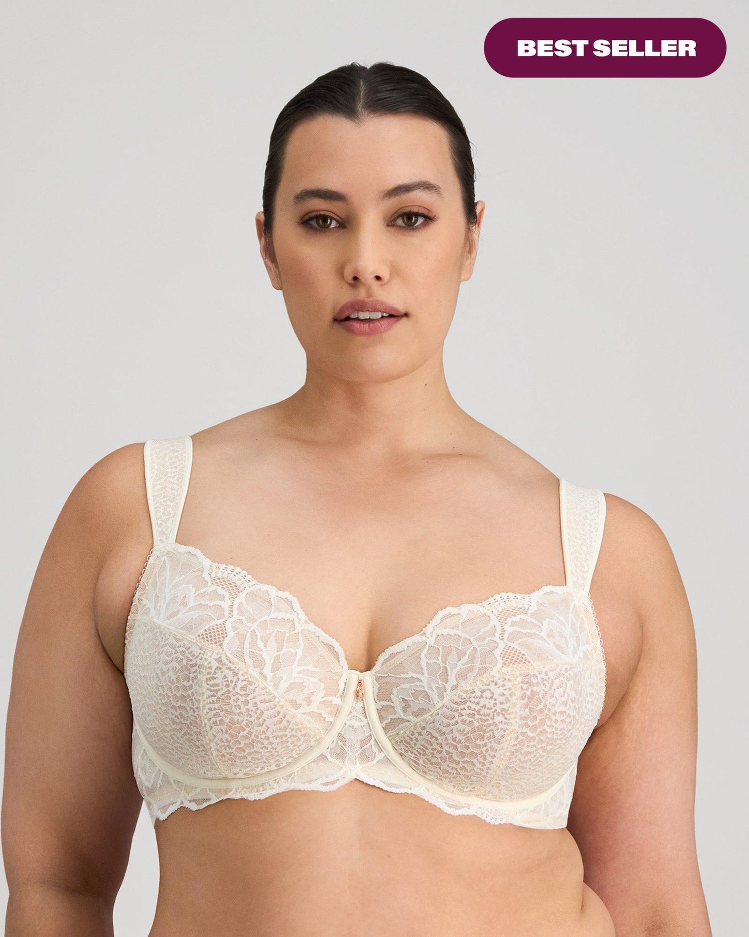 Model wears Midnight Express Underwire Bra in EGRET. On body front view