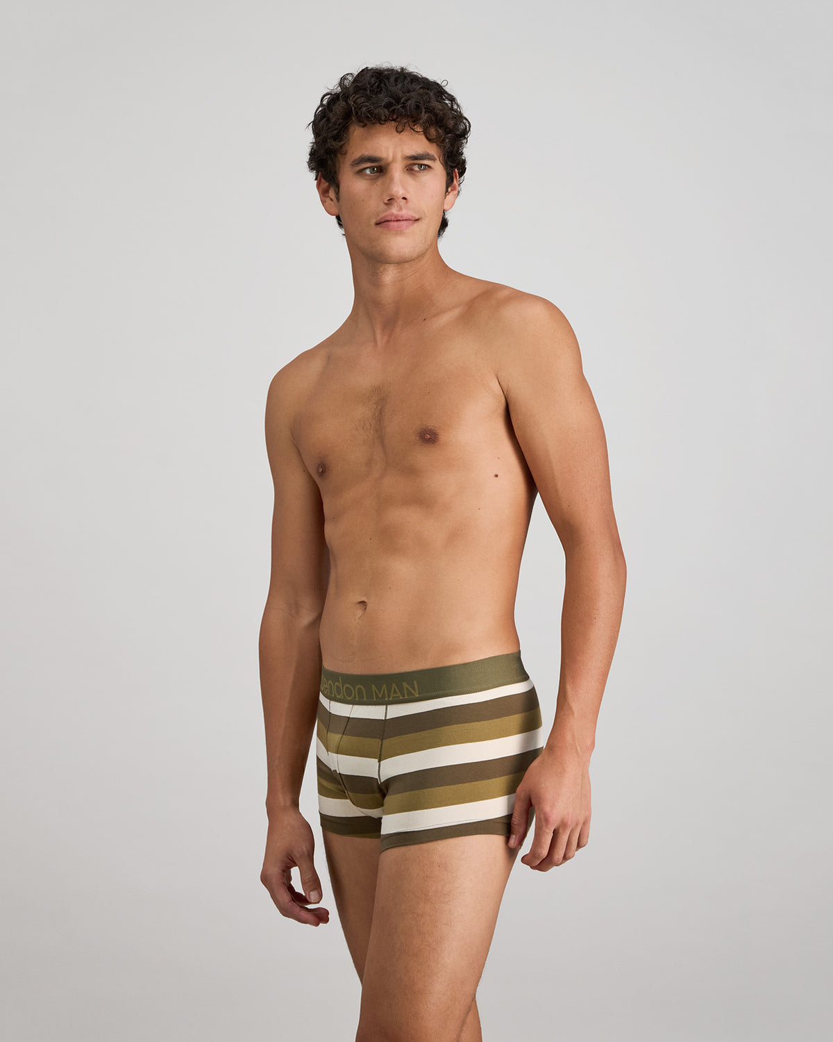 Rugby Stripe Mens Trunk in OLIVE/NUTRIA/OATMEAL. Flat lay back view