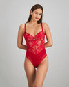 Model wears Margot Estelle Bodysuit in JESTER RED. On body front view