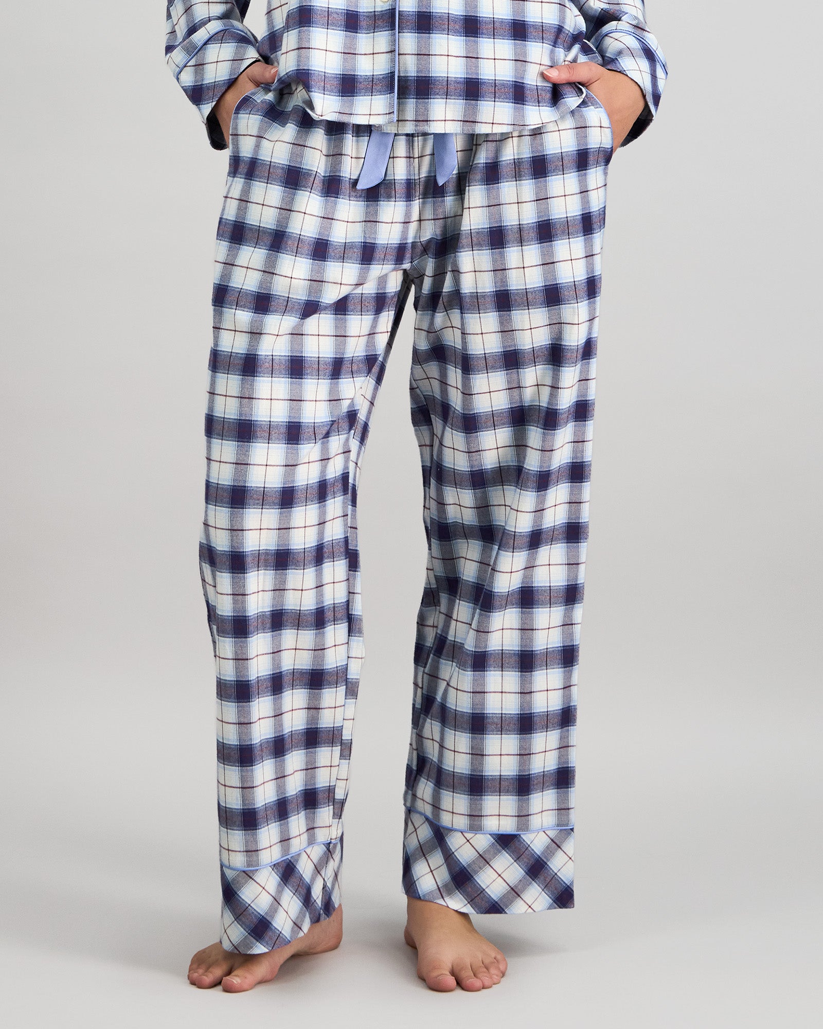 Model wears Cosy Flannel Long Pj Pant in NAVY BLAZER. On body front view
