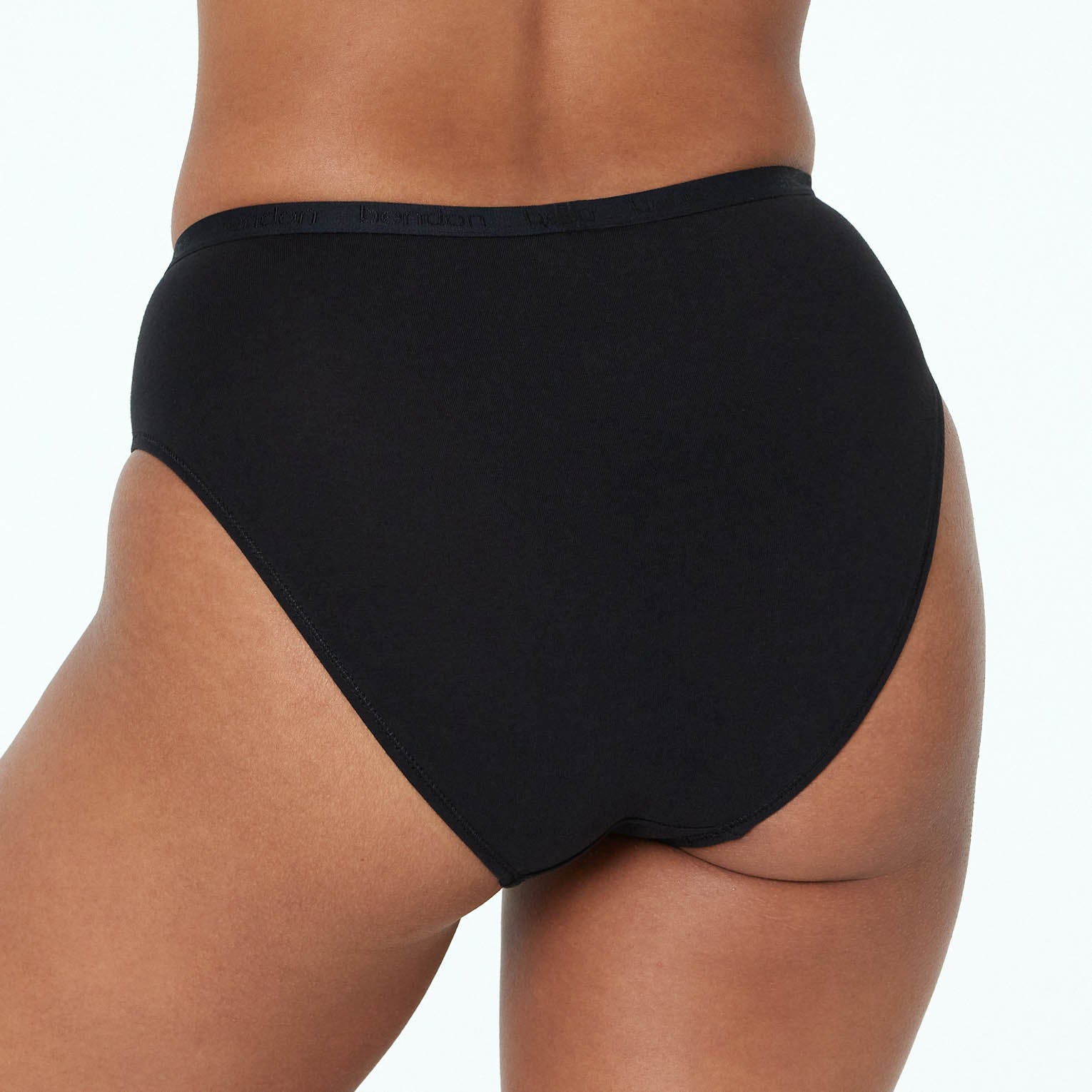 Model wears Body Cotton High Cut Brief in BLACK. On body back view
