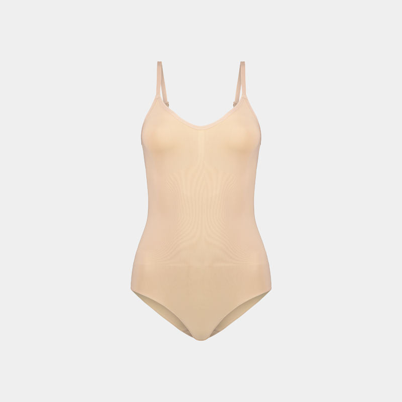 Medium Control Bodysuit in CARAMEL. Flat lay front view