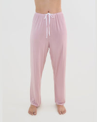 Model wears Bamboo Bliss Long PJ Pant in PALE MAUVE. On body front view