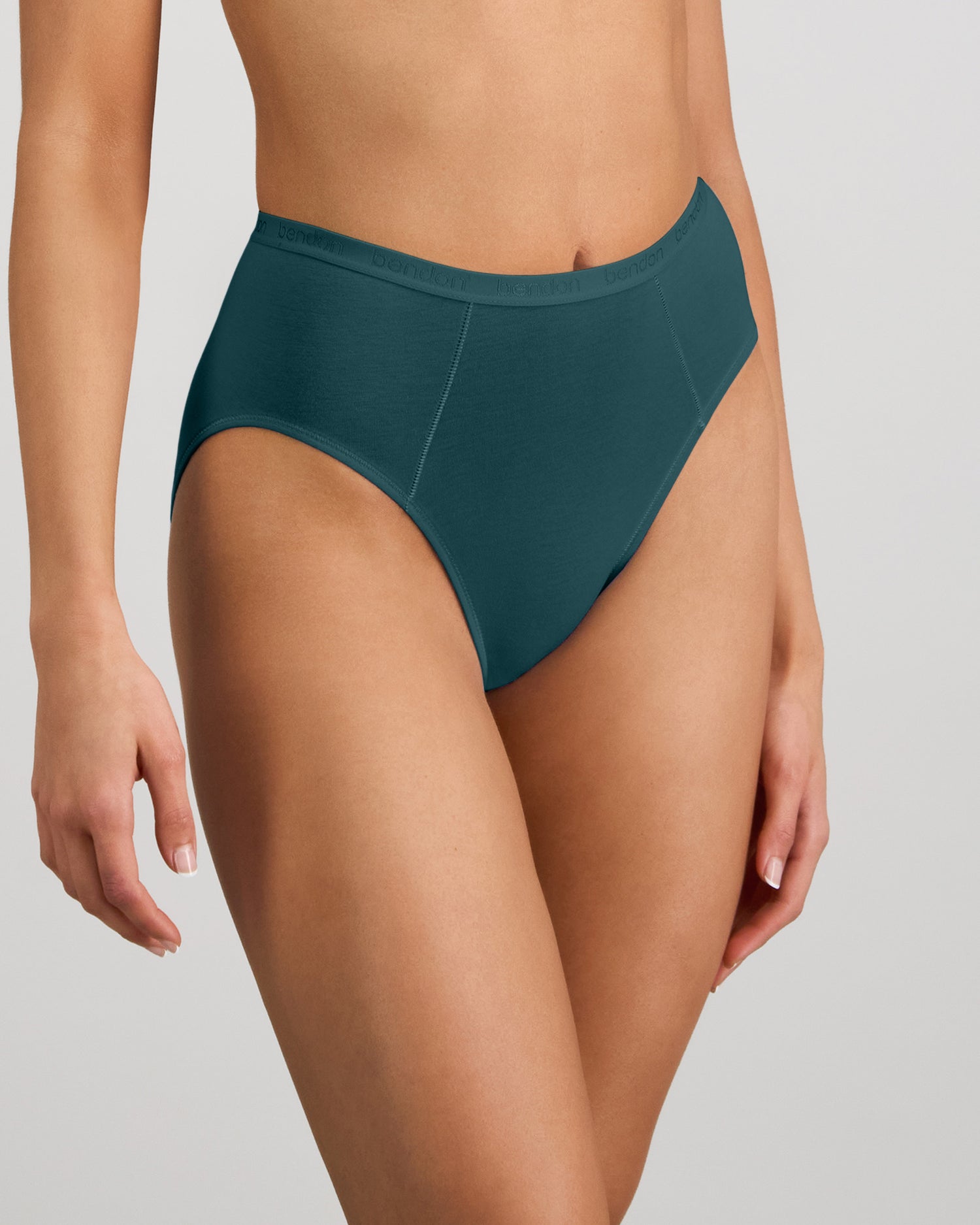 Model wears Body Cotton High Cut Brief in MEDITERRANEA. On body side view