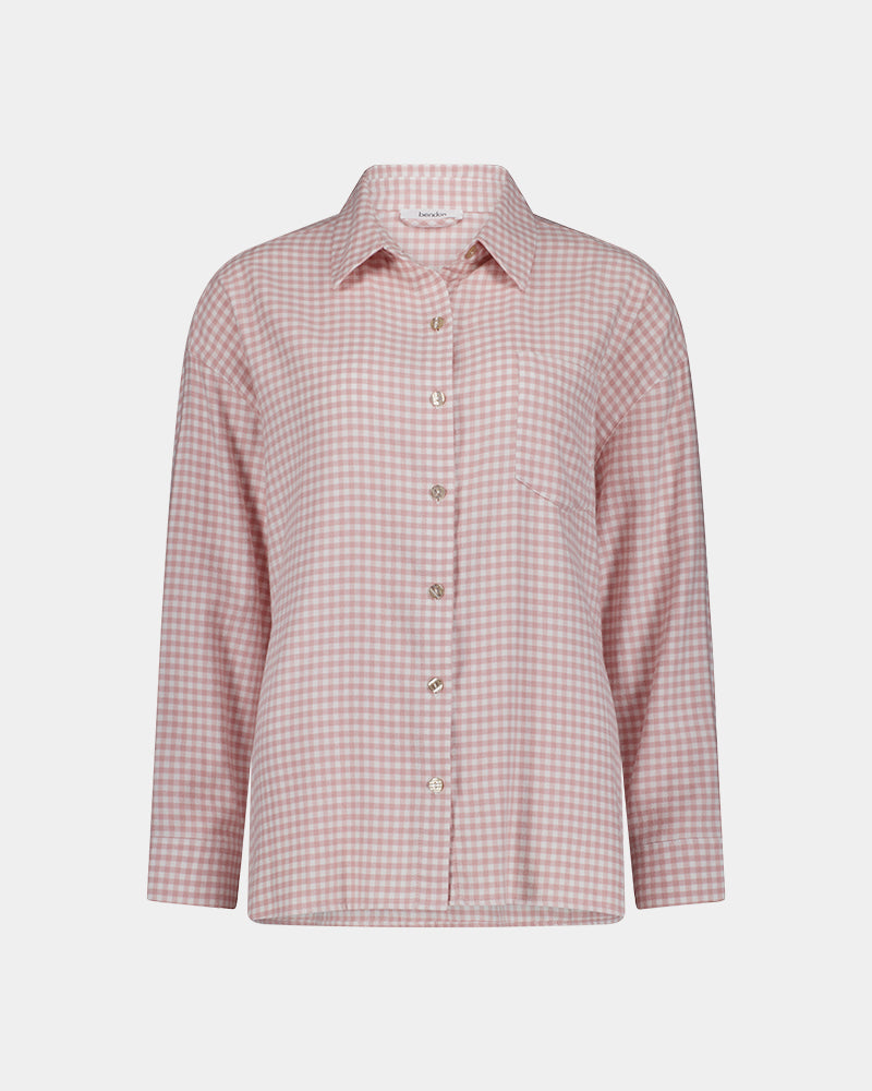 Cosy Flannel Long Sleeve PJ Top in ROSE MINI GINGHAM. Flat lay front view