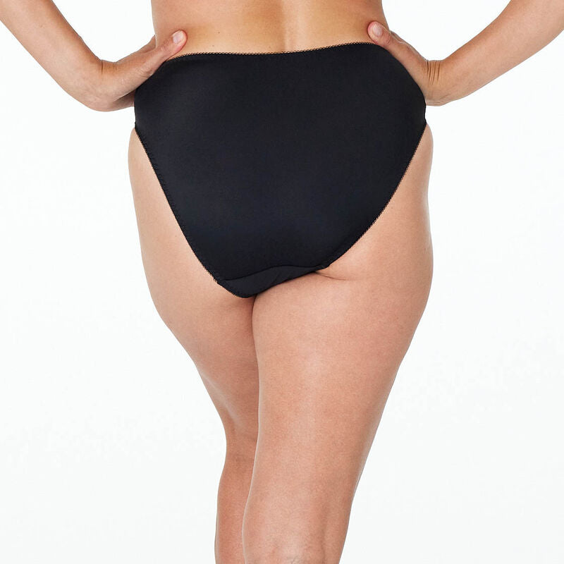 Model wears Coral High Cut Brief in BLACK. On body back view