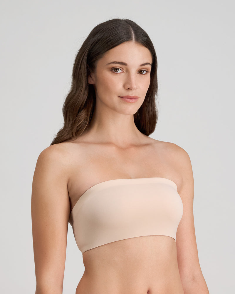 Model wears Extra-Ordinary Bandeau in LATTE. On body side view
