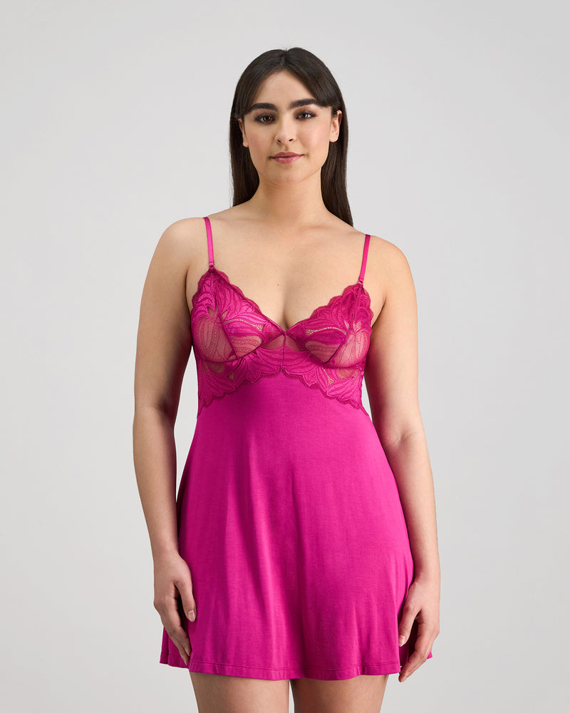 Model wears Siesta Chemise in FANTASY FUCHSIA. On body front view