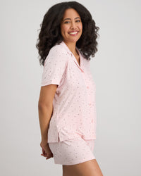 Model wears Belle Bamboo Short Pj Set in PALE LILAC/FIG. On body side view