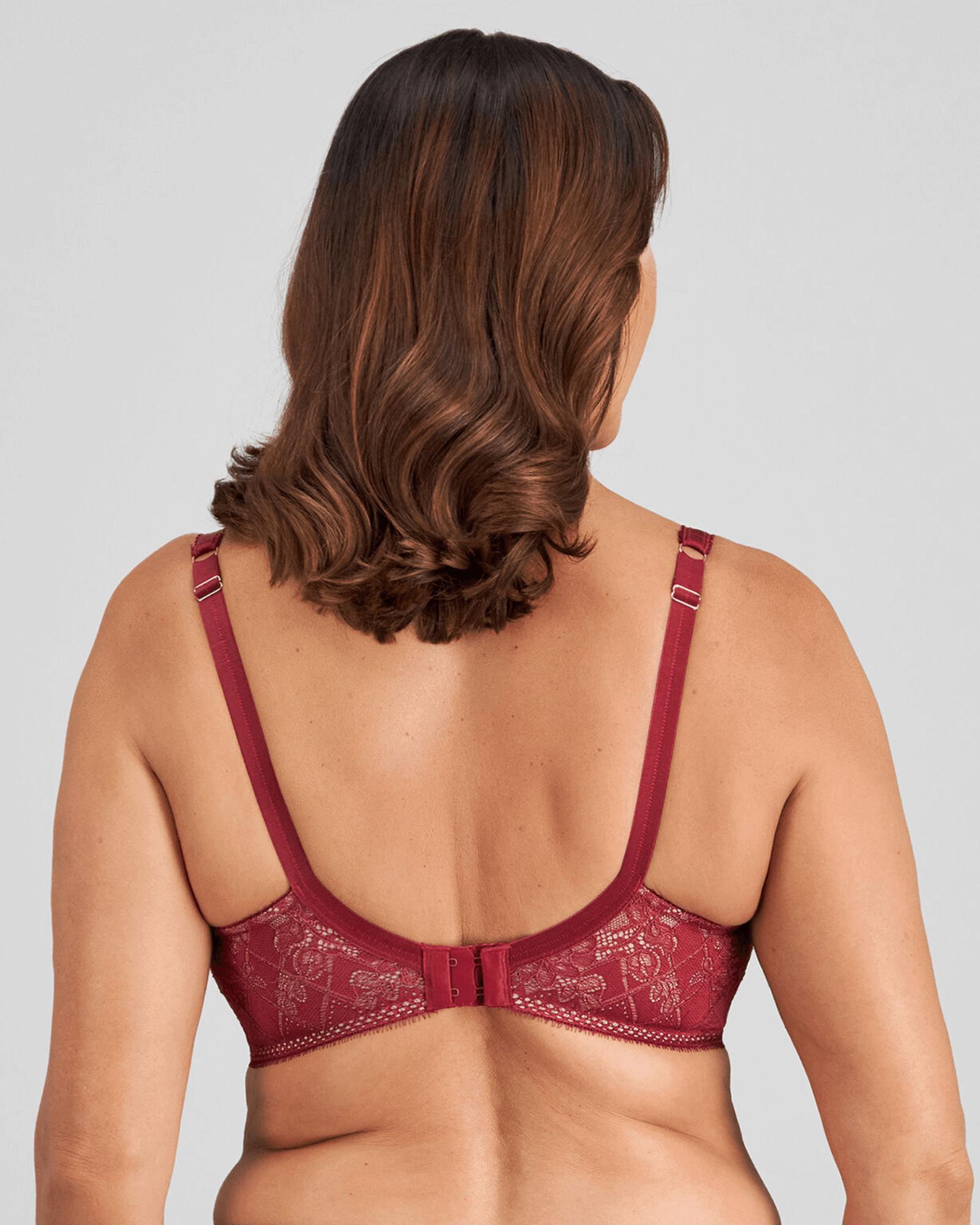 Model wears Daring Underwire Bra in TIBETAN RED. On body back view