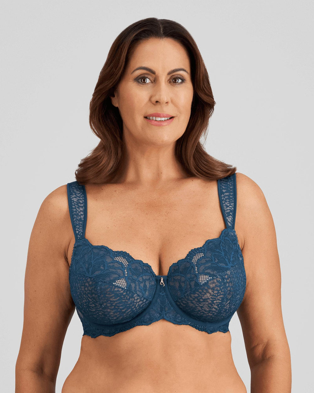 Model wears Midnight Express Underwire Bra in REFLECTING POND. On body front view