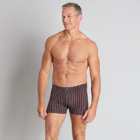 Cotton Stretch Mens Trunk in BLACK/RHUBARB STRIPE. Feature shot
