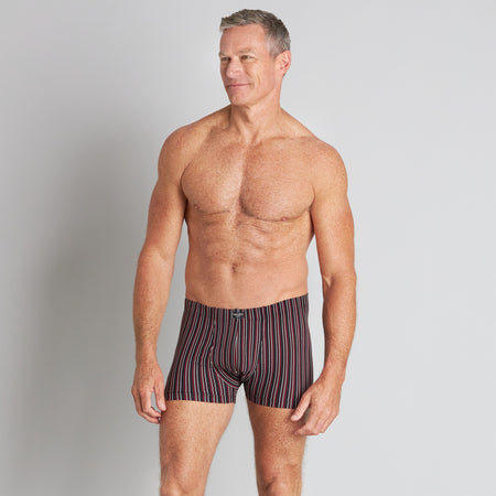 Cotton Stretch Mens Trunk in BLACK/RHUBARB STRIPE. Feature shot