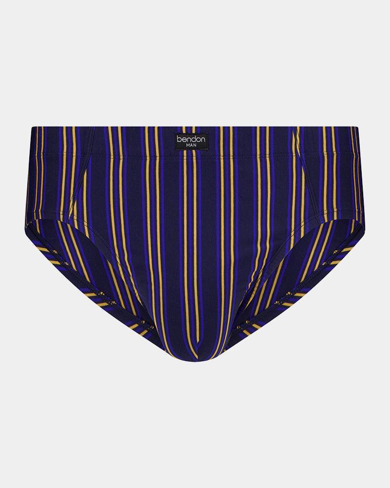 Cotton Stretch Mens Brief in PEACOAT/OAKBUFF STRIPE. Flat lay front view