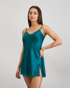Model wears Sleigh The Night Chemise in EVERGLADE. On body side view