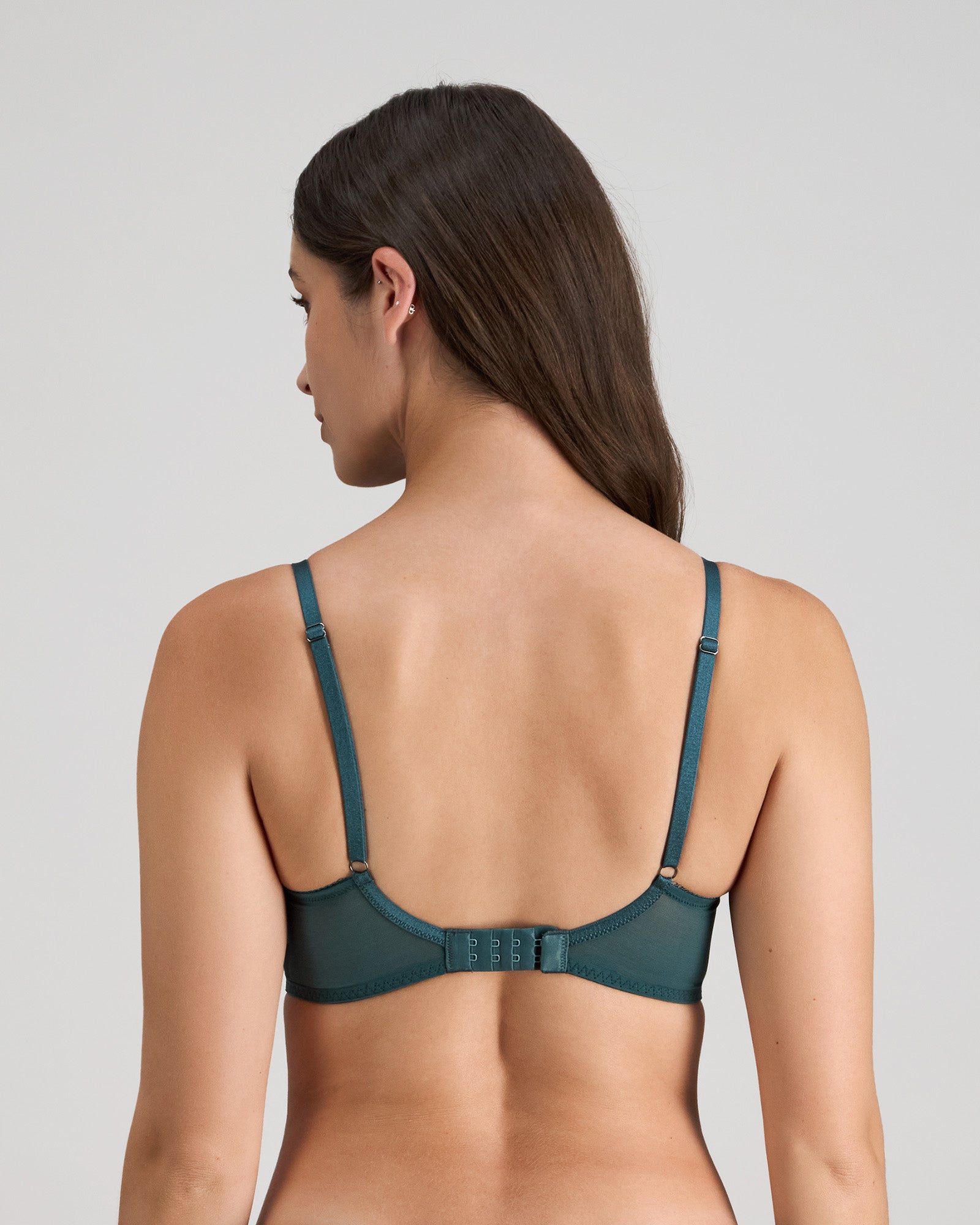 Model wears Margot Estelle Contour Long Line Bra in MEDITERRANEA. On body back view