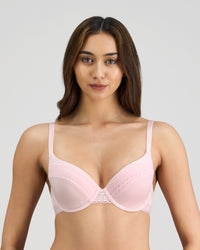 Model wears Angelica Contour Bra in PALE LILAC. On body front view