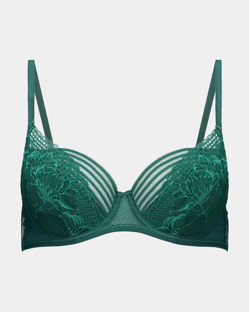 Lucille Underwire Bra in RAIN FOREST. Flat lay front view