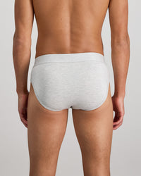 Model wears Bamboo Mens Brief in GREY MARLE. On body back view