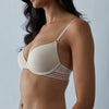 Model wears Stripe Elastic & Papertouch Push Up Bra in SILVER PEONY. On body side view