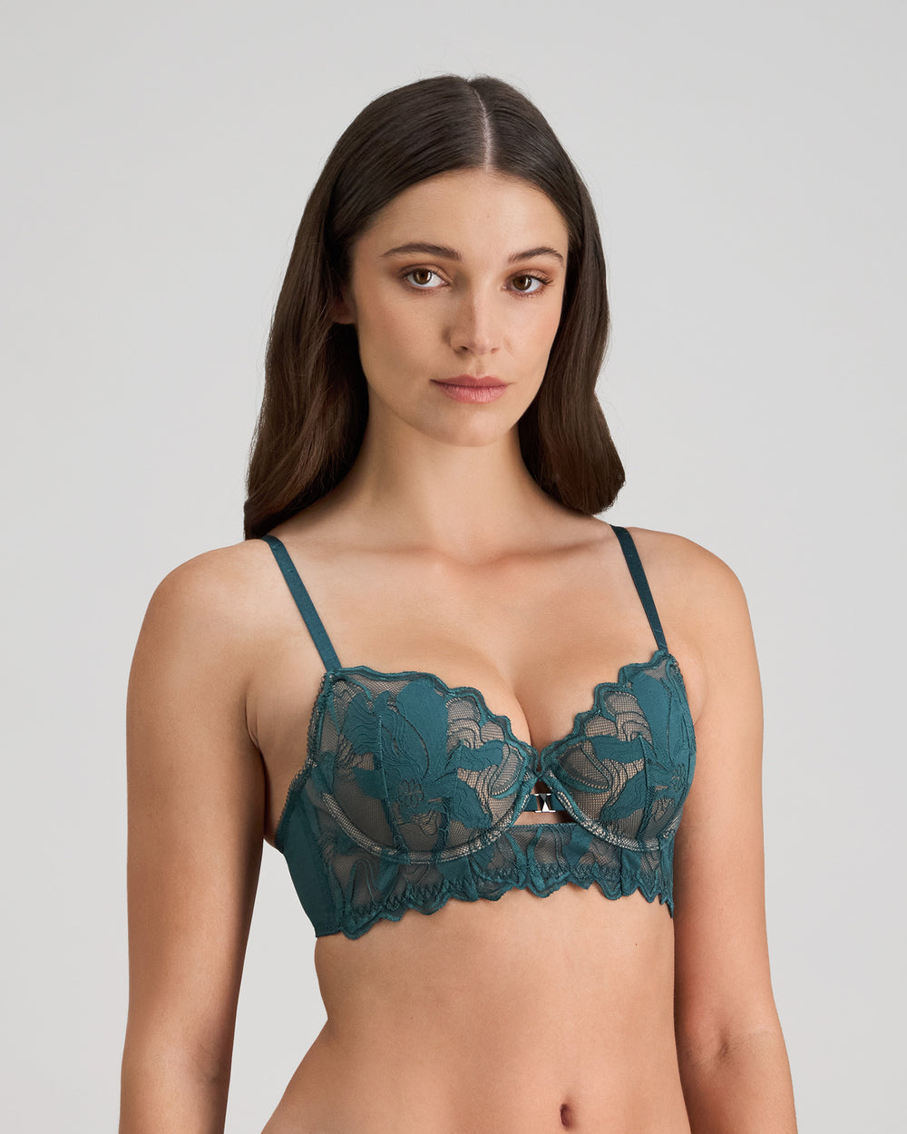 Model wears Margot Estelle Contour Long Line Bra in MEDITERRANEA. On body side view