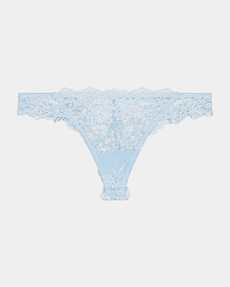 My Fit Lace Thong in OMPHALODES. Flat lay front view