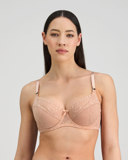 Model wears Golden Hour Underwire Bra in EVENING SAND. On body front view