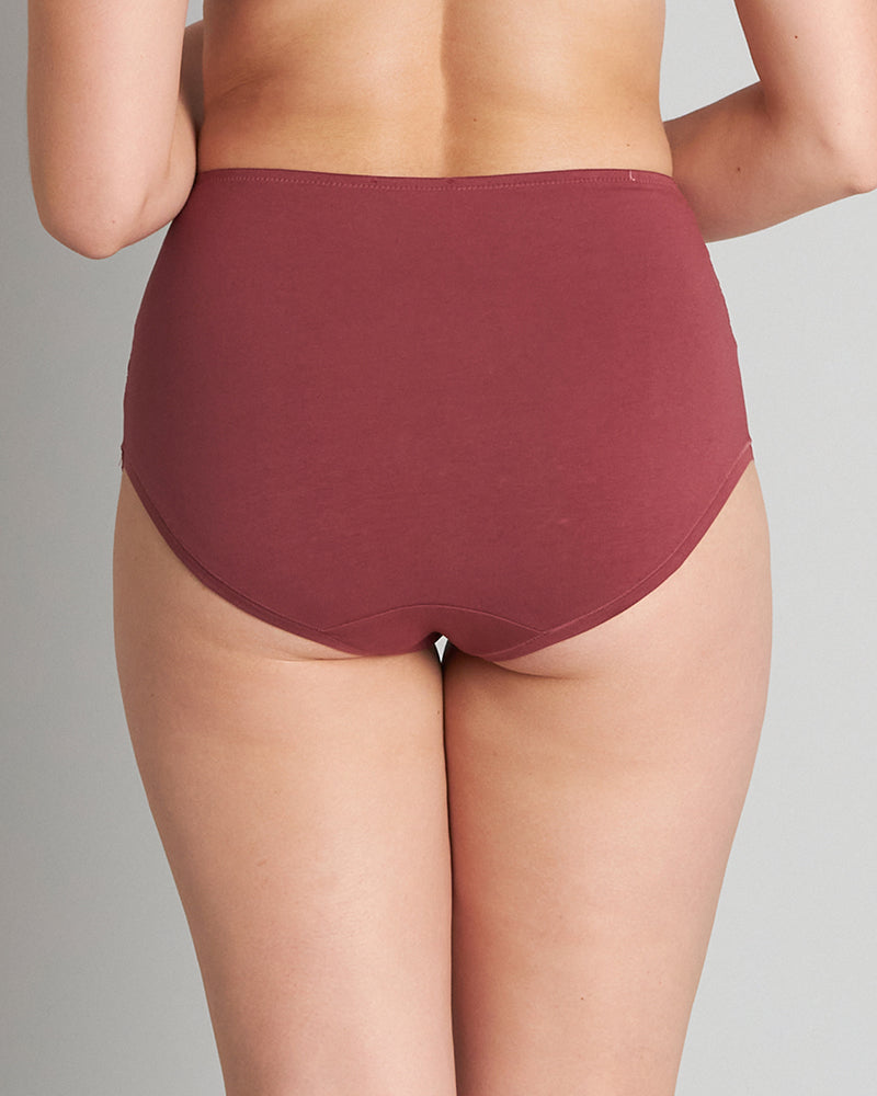 Model wears Embrace Full Brief in OXBLOOD RED. On body back view