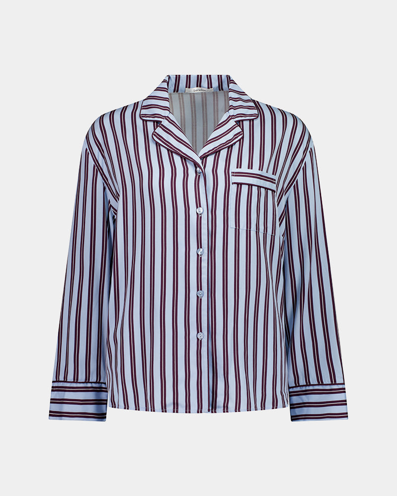 Cabana Stripe Long Sleeve Pj Top in COOL BLUE. Flat lay front view
