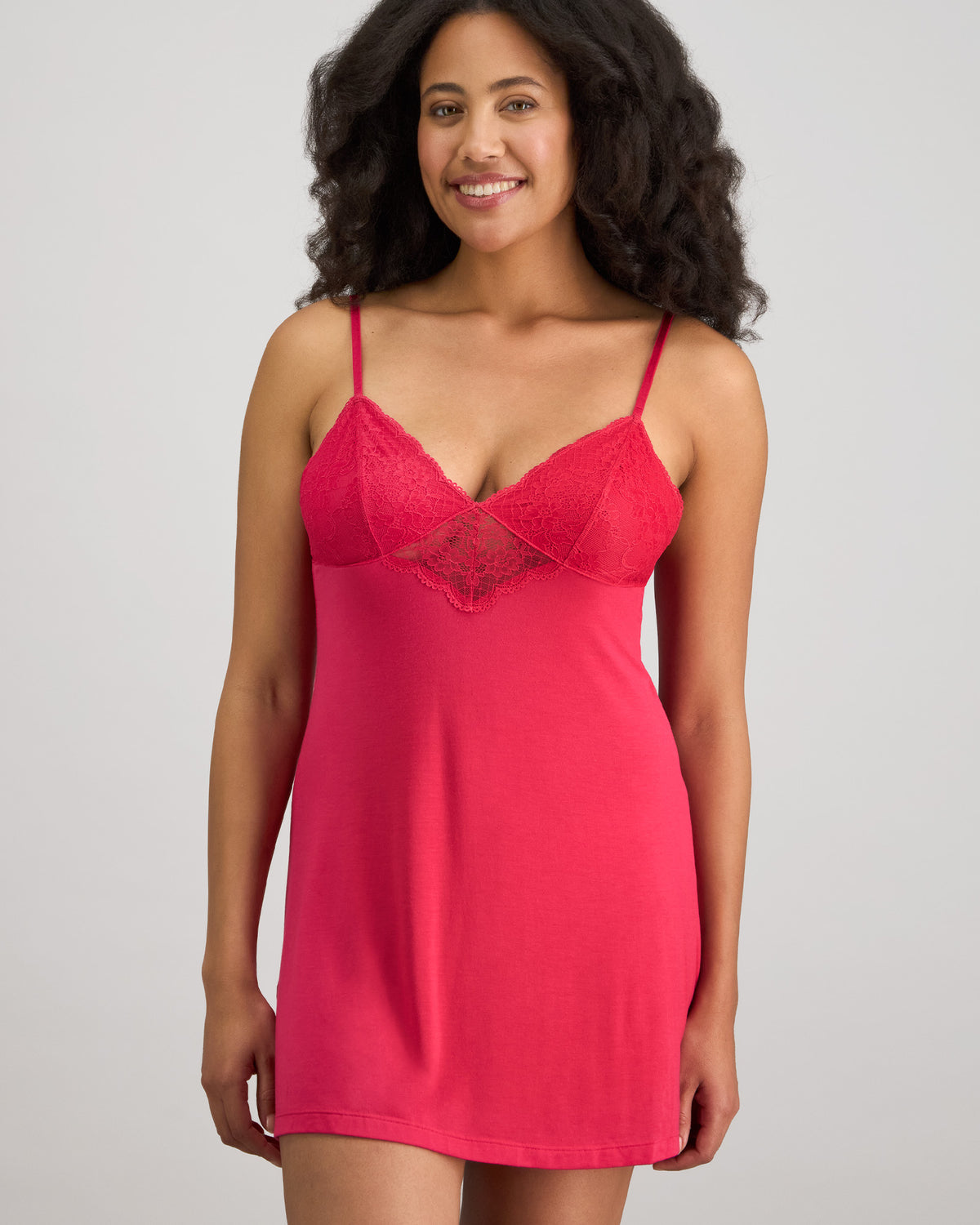 Model wears Cassie Chemise in JAZZY. On body front view