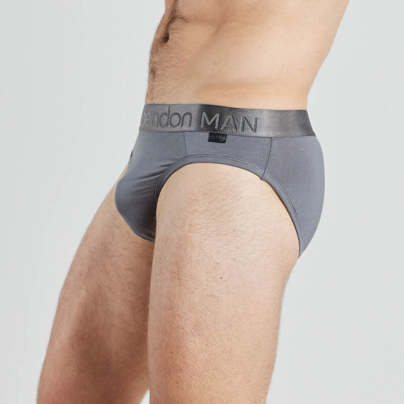 Model wears Bamboo Mens Brief in ASH. On body side view