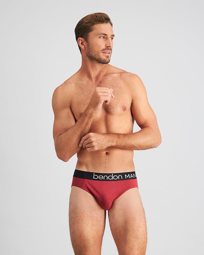 Everyday Essential Mens Brief in TIBETAN RED. Feature shot