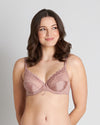 Model wears Yvette Underwire Bra in MOCHA. On body front view