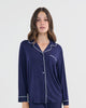 Model wears Bamboo Bliss Long Sleeve PJ Top in NAVY BLAZER. On body front view
