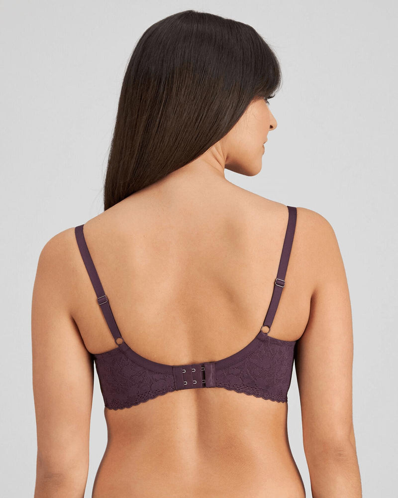 Model wears Hazel Underwire Bra in PLUM PERFECT. On body back view