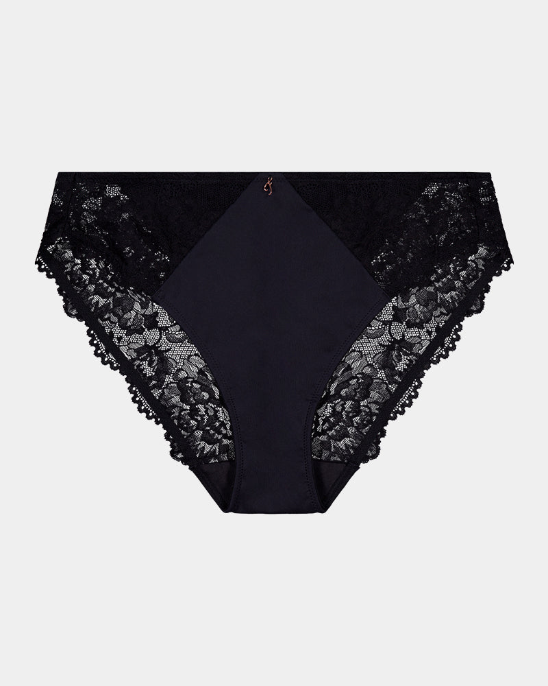 Laurel High Cut Brief in BLACK. Flat lay front view